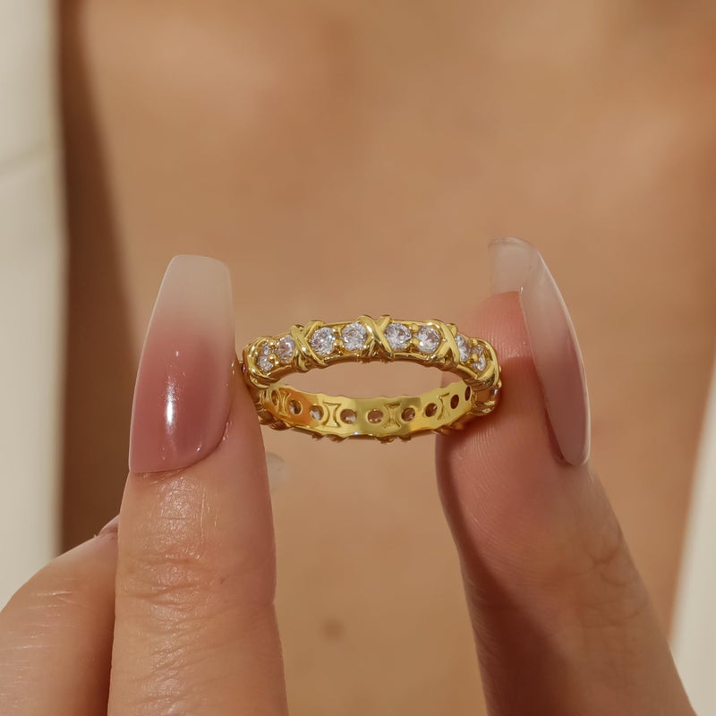 Qitian Gold CZ Wedding Band Rings for Women, Cubic Zirconia Stackable Ring Set, Simulated Diamond 14K Two-Tone Engagement Ring, Thin Stacking Band, Gift for Her - Size 7 - Image 4