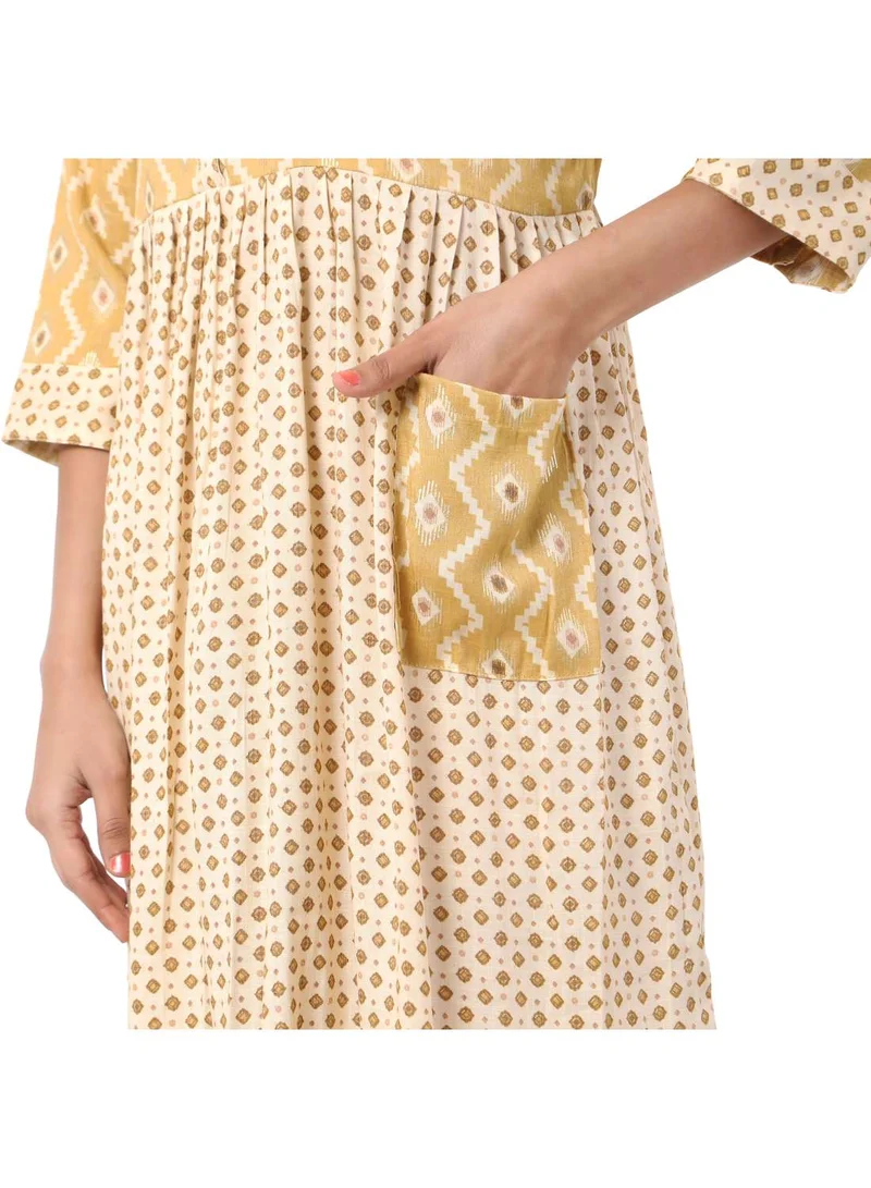 HANA & SARA SHORT YELLOW COLOUR STYLISH HIGH QUALITY PRINTED WITH FRONT BUTTONED STYLED ARABIC KAFTAN JALABIYA DRESS
