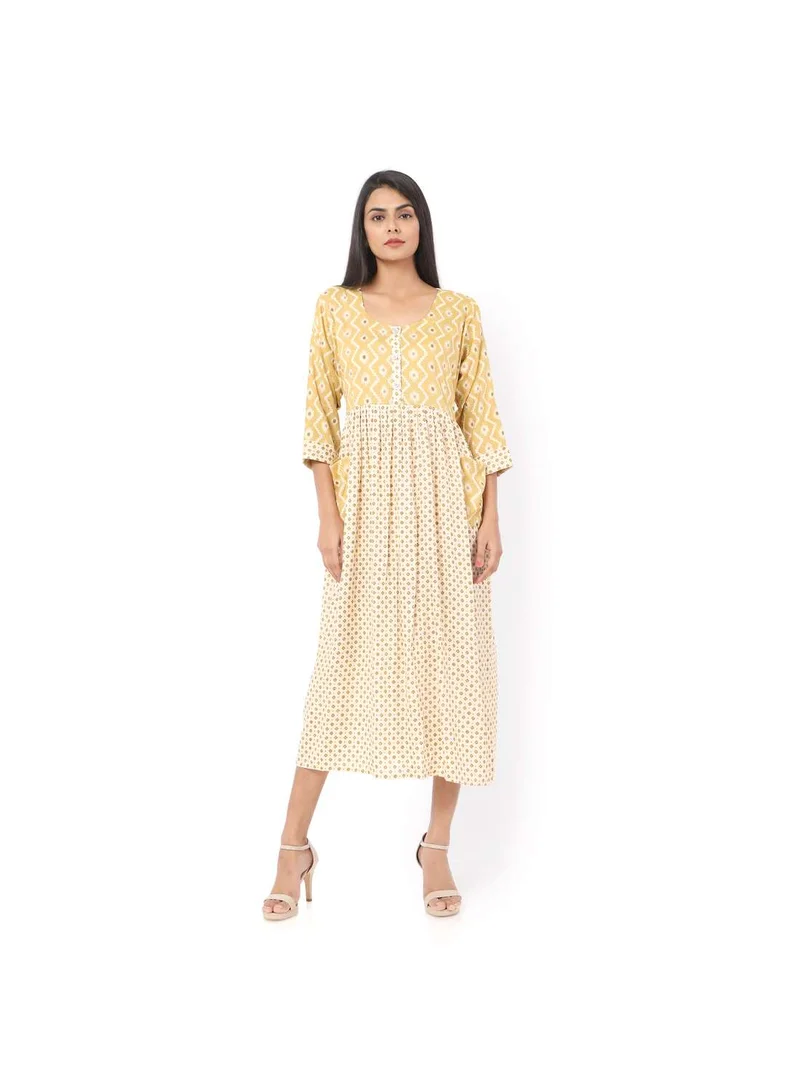 HANA & SARA SHORT YELLOW COLOUR STYLISH HIGH QUALITY PRINTED WITH FRONT BUTTONED STYLED ARABIC KAFTAN JALABIYA DRESS