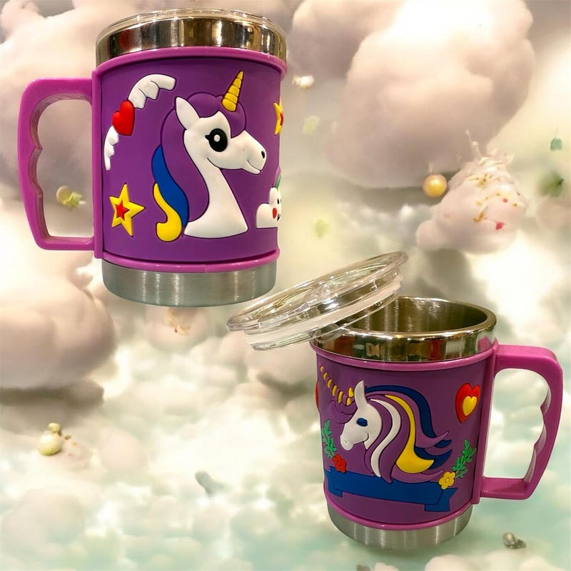 DEEDECORWAVE Stainless Steel Mug for Kids Cute Cartoon Design Mug Double Wall Vacuum Insulated Cup for Hot & Cold Drinks,Design for Boys & Girls Durable Milk/Tea/Coffee Mug (Purple Unicorn) - Image 2