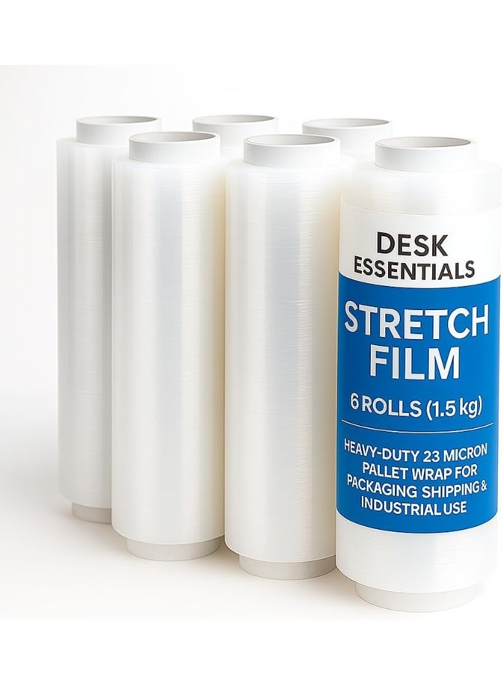 Aoura Grp DESK ESSENTIALS Stretch Film – 6 Rolls (1.5 kg) | Heavy-Duty 23 Micron Pallet Wrap for Packaging, Shipping & Industrial Use - Image 1