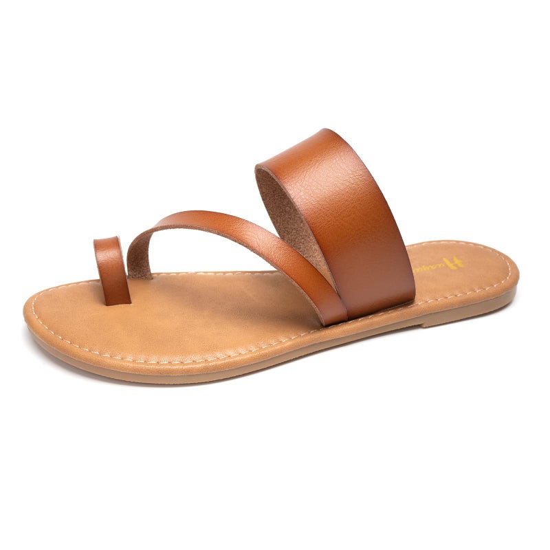 Huayuanwell Women's Slide Sandals Slip On Flat Sandals Flip Flop Thong Sandals Casual Summer Shoes (9, Brown) - Image 1
