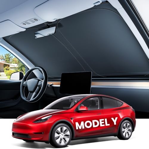 REEVAA 2025 Upgraded Tesla New Model Y (Juniper) Sunshade Windshield [Tailored Fit, 99% Sun Protection] Foldable Sun Shade Accessories with Storage Bag for Model Y 2016-2026, Silver Coating - Image 1