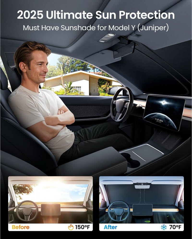REEVAA 2025 Upgraded Tesla New Model Y (Juniper) Sunshade Windshield [Tailored Fit, 99% Sun Protection] Foldable Sun Shade Accessories with Storage Bag for Model Y 2016-2026, Silver Coating - Image 2