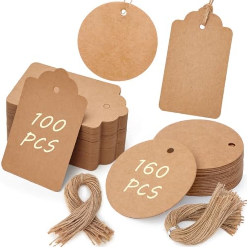 100PCS Brown Gift Tags 2.8 x 1.7 inches and 160PCS Round Paper Tags (2.2 inches), Kraft Paper Hang Lables for Clothes Party Favors DIY Crafts Wedding Holiday - Image 1