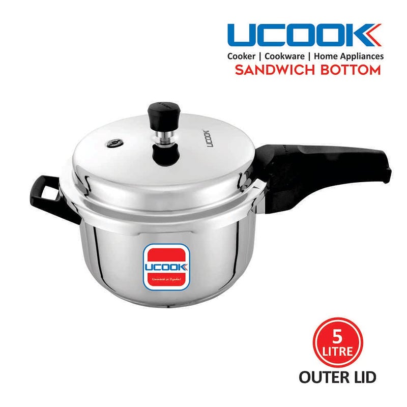 Ucook Sandwich Bottom Stainless Steel Induction Base Outerlid Pressure Cooker, 5 Ltr, Silver, Standard (Pc0362) - Image 2