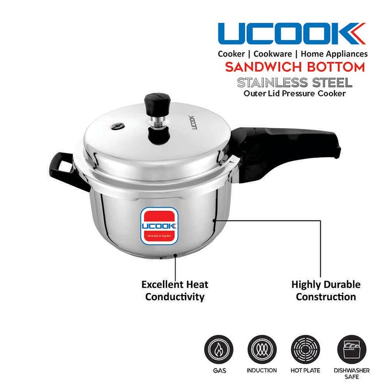 Ucook Sandwich Bottom Stainless Steel Induction Base Outerlid Pressure Cooker, 5 Ltr, Silver, Standard (Pc0362) - Image 3