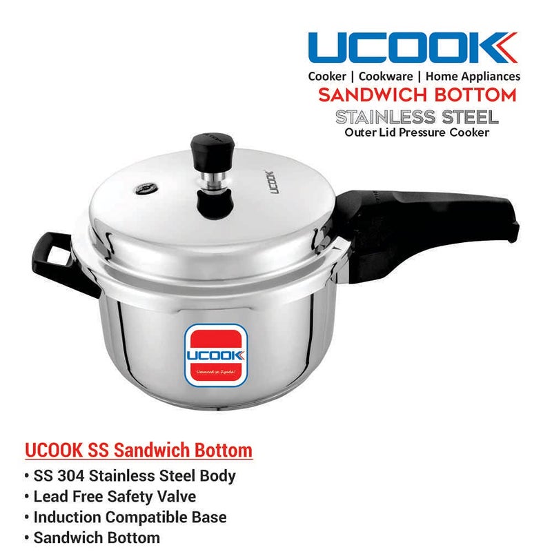 Ucook Sandwich Bottom Stainless Steel Induction Base Outerlid Pressure Cooker, 5 Ltr, Silver, Standard (Pc0362) - Image 5