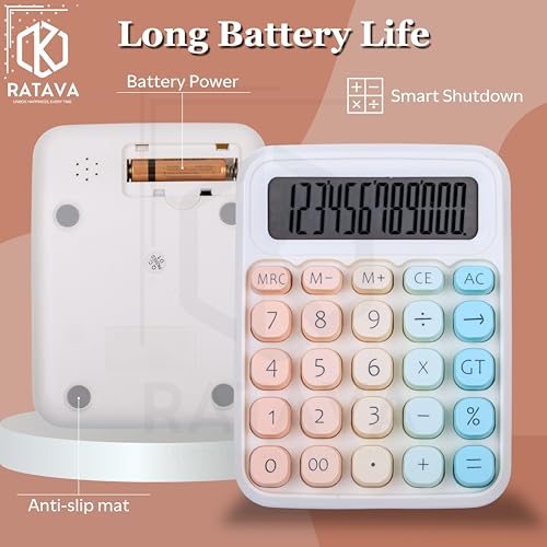 RATAVA Colorful Candy Basic Calculator | 12-Digit Large LCD Display with Sugar Cube Buttons | Cute & Functional for Office, School, Home & Business | Color - Ice-Cream | (1 Pc), White - Image 3