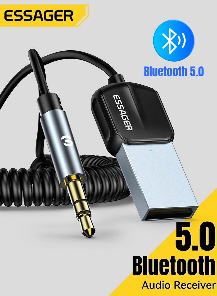 محول بلوتوث Aux للسيارة، جهاز استقبال بلوتوث 5.0 لإلغاء الضوضاء من Essager، محول صوت USB إلى مقبس 3.5 مم للموسيقى بدون فقدان مع ميكروفون مدمج لمجموعات السيارة/ستيريو المنزل/مكبر صوت للمكالمات بدون استخدام اليدين - Image 1