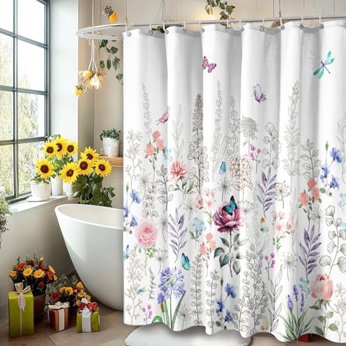 Kuyuayee Spring Summer Flowers Shower Curtain 72x72 Inch Floral Shower Curtains for Bathroom with Hooks Spring Summer Seasonal Bathroom Home Bath Decor Waterproof Fabric - Image 2