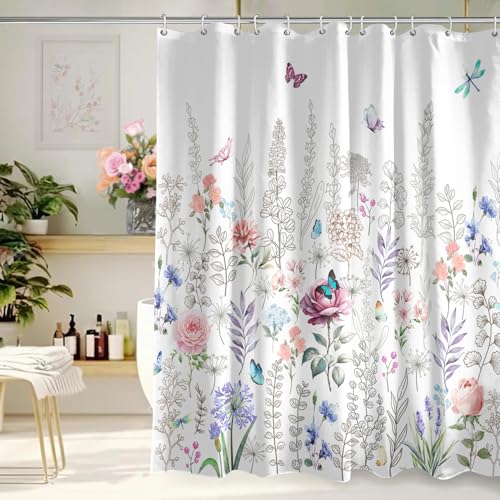 Kuyuayee Spring Summer Flowers Shower Curtain 72x72 Inch Floral Shower Curtains for Bathroom with Hooks Spring Summer Seasonal Bathroom Home Bath Decor Waterproof Fabric - Image 1