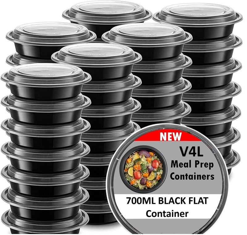 V4L Black Flat Round Containers | Microwave Safe & Reusable Food Containers with Snap-Lid | Compact, Stackable Food Storage Boxes for Home, Kitchen & Takeaway Use (15, Black, 700ml) - Image 1
