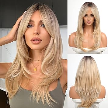 Haircube شعر مستعار بطبقات طبيعية مع غرة من HAIRCUBE للنساء بتصميم متقدم مقاوم للحرارة من ألياف صناعية مع جذور داكنة وأومبري بلون أشقر فاتح - Image 1