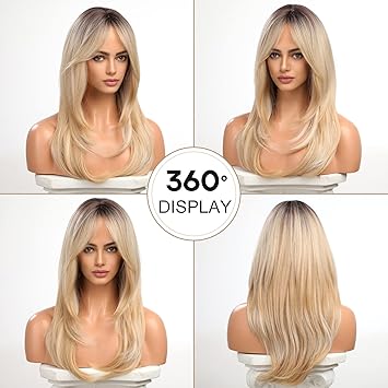 Haircube شعر مستعار بطبقات طبيعية مع غرة من HAIRCUBE للنساء بتصميم متقدم مقاوم للحرارة من ألياف صناعية مع جذور داكنة وأومبري بلون أشقر فاتح - Image 2