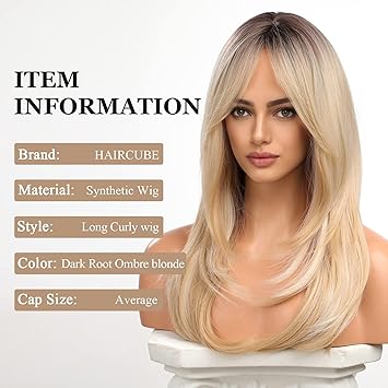 Haircube شعر مستعار بطبقات طبيعية مع غرة من HAIRCUBE للنساء بتصميم متقدم مقاوم للحرارة من ألياف صناعية مع جذور داكنة وأومبري بلون أشقر فاتح - Image 3