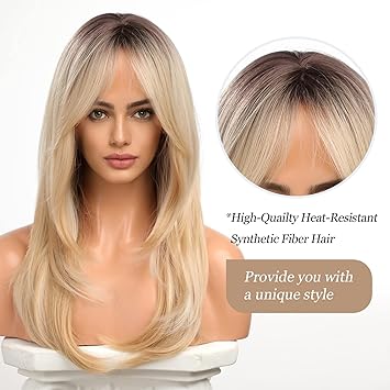 Haircube شعر مستعار بطبقات طبيعية مع غرة من HAIRCUBE للنساء بتصميم متقدم مقاوم للحرارة من ألياف صناعية مع جذور داكنة وأومبري بلون أشقر فاتح - Image 4