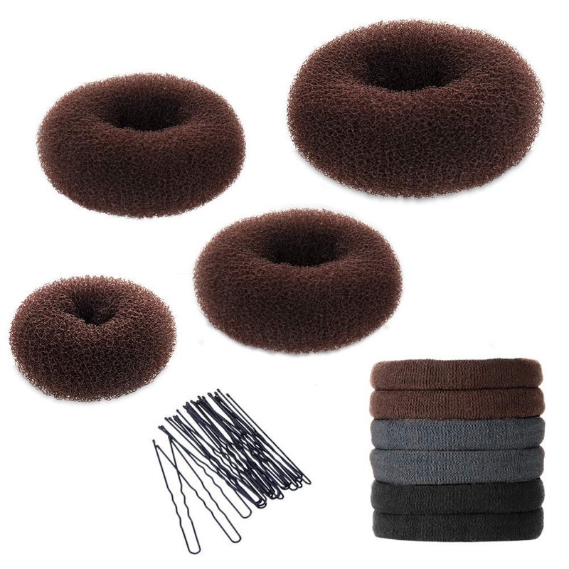 YaFex Hair Bun Maker Kit, Donut Bun Maker 4 Pieces (Large, Medium and Small), 6 Pieces Elastic Hair Ties, 20 Pieces Hair Bobby Pins, Brown - Image 1