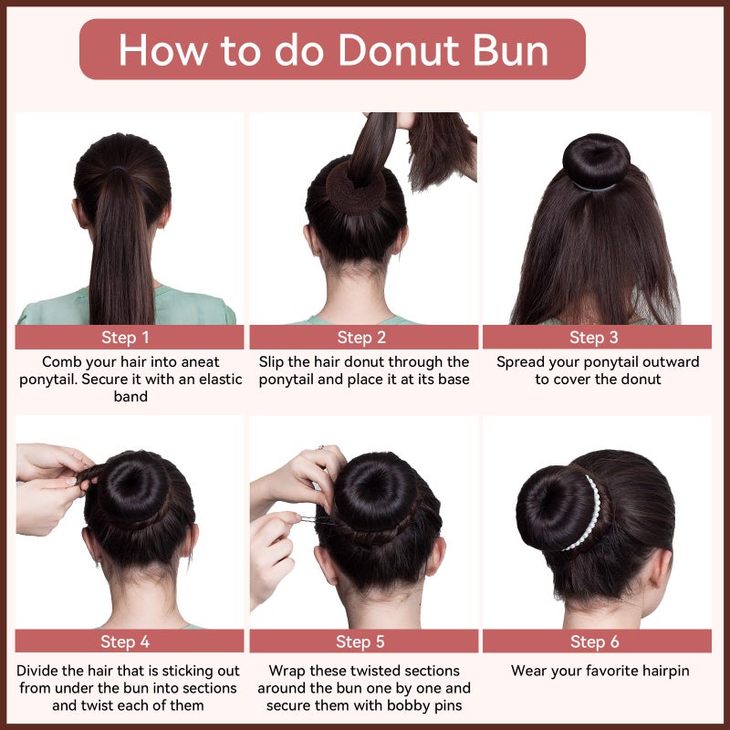 YaFex Hair Bun Maker Kit, Donut Bun Maker 4 Pieces (Large, Medium and Small), 6 Pieces Elastic Hair Ties, 20 Pieces Hair Bobby Pins, Brown - Image 2