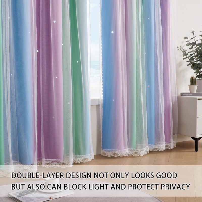 XiDi Blackout Curtains for Girls Bedroom Decor 63 Inches Long Window Curtains Colorful Rainbow Design 2 Panel, Kids Room Unicorn Princess Theme Home Decor Ombre Drapes Green Purple Blue W34 X L63 - Image 2