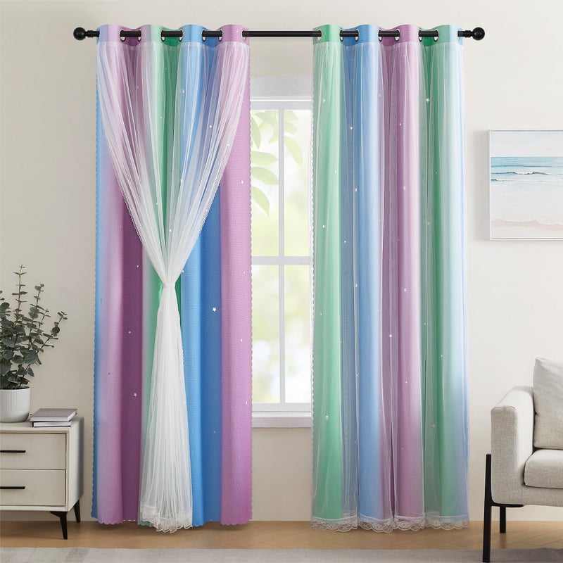 XiDi Blackout Curtains for Girls Bedroom Decor 63 Inches Long Window Curtains Colorful Rainbow Design 2 Panel, Kids Room Unicorn Princess Theme Home Decor Ombre Drapes Green Purple Blue W34 X L63 - Image 1