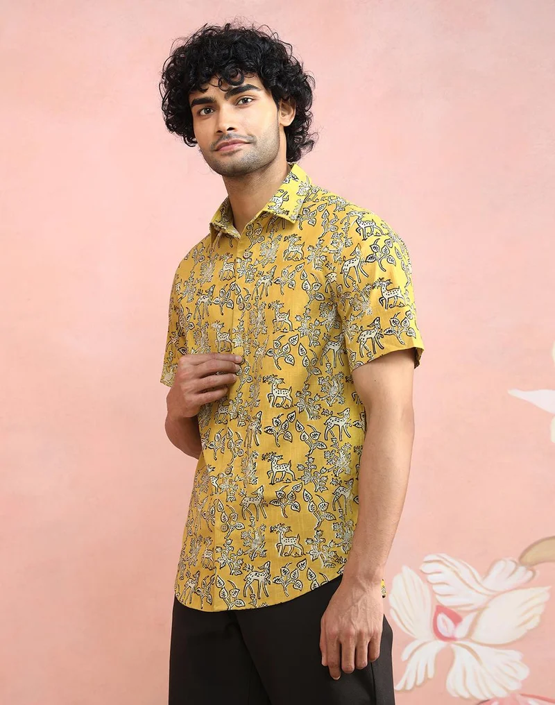 Fabindia  Yellow-Beige Cotton Bagru Printed Slim Fit Shirt for Men | Best Price UAE