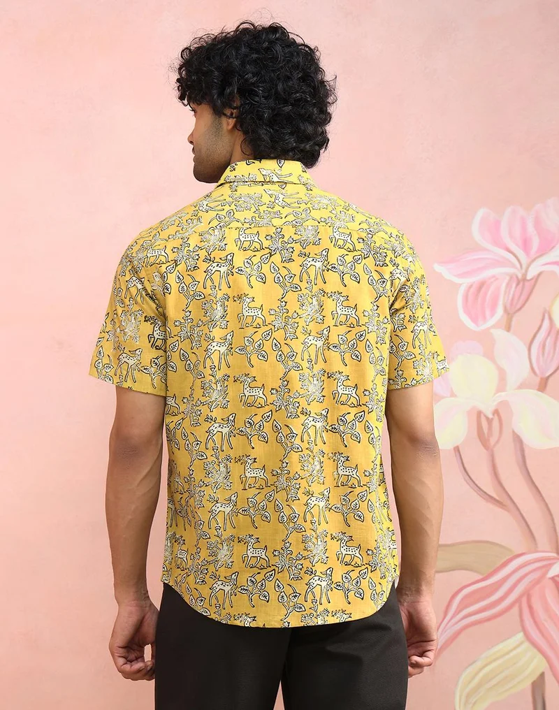 Fabindia  Yellow-Beige Cotton Bagru Printed Slim Fit Shirt for Men | Best Price UAE