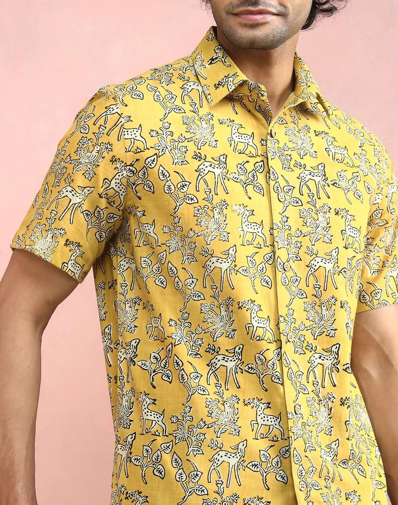 Fabindia  Yellow-Beige Cotton Bagru Printed Slim Fit Shirt for Men | Best Price UAE