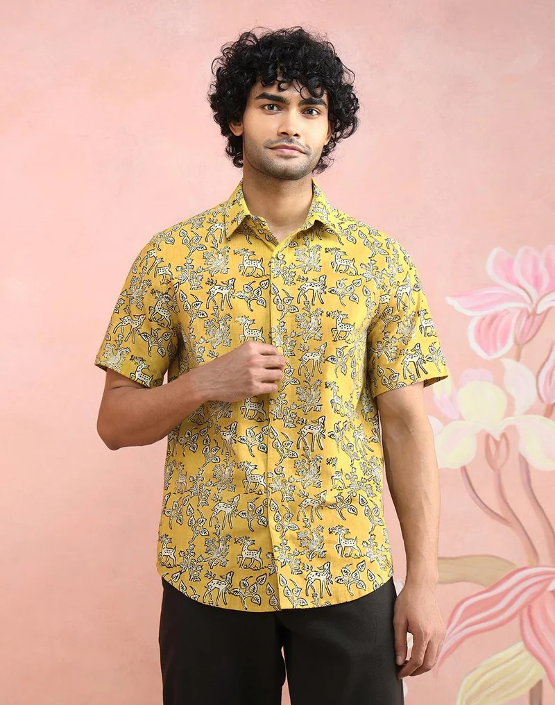 فاب انديا Yellow-Beige Cotton Bagru Printed Slim Fit Shirt