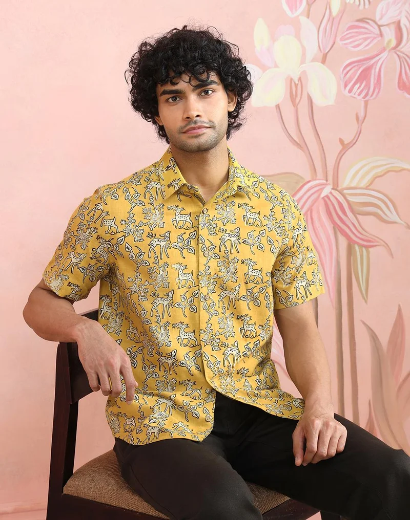 فاب انديا Yellow-Beige Cotton Bagru Printed Slim Fit Shirt