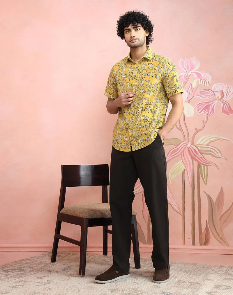 Fabindia  Yellow-Beige Cotton Bagru Printed Slim Fit Shirt for Men | Best Price UAE