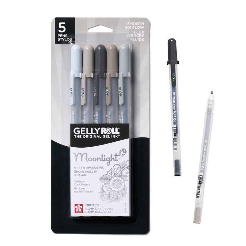 SAKURA Gelly Roll Moonlight 5 Pack, 06 Fine point, Opaque Gray Gel Pens, Creamy Smooth Ink, Writes on Dark Paper - Image 1