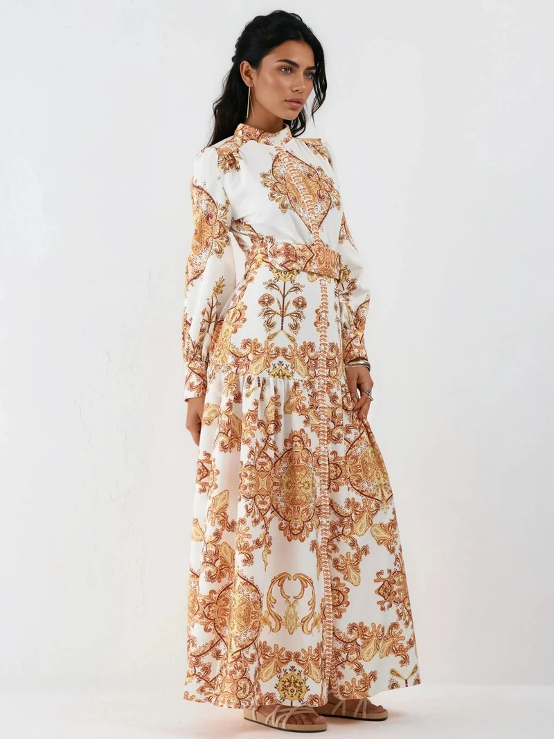 Jennyfer Belted Paisley Print Maxi Shirt Dress
