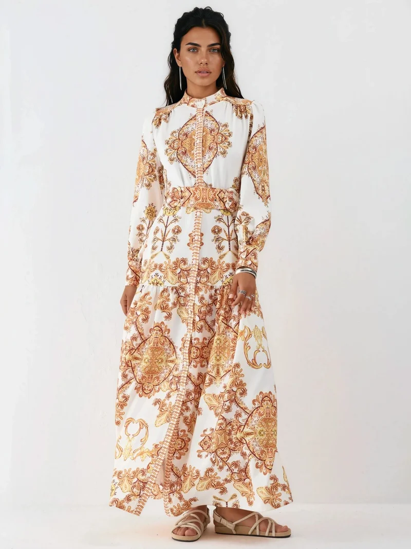 Jennyfer Belted Paisley Print Maxi Shirt Dress