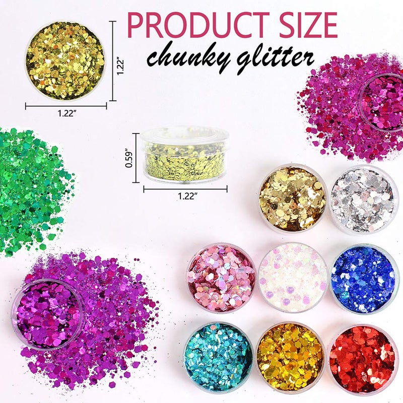Estanoite Holographic Chunky Sequins 12 Colors Mixed Laser Cosmetic Glitter for Face, Body, Eye, Hair, Nail Art, Lip Gloss - Festival Glitter Makeup with Different Hexagon Sizes (Metallic Mix) - Image 3