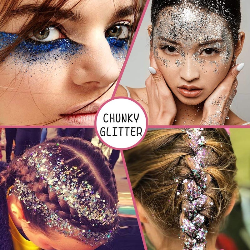 Estanoite Holographic Chunky Sequins 12 Colors Mixed Laser Cosmetic Glitter for Face, Body, Eye, Hair, Nail Art, Lip Gloss - Festival Glitter Makeup with Different Hexagon Sizes (Metallic Mix) - Image 5