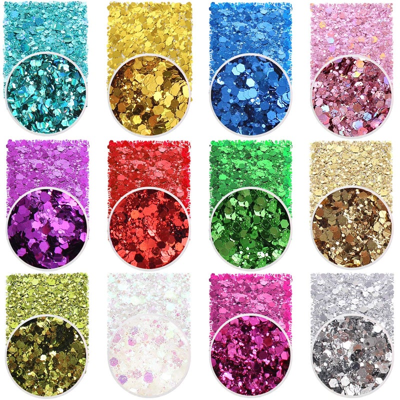 Estanoite Holographic Chunky Sequins 12 Colors Mixed Laser Cosmetic Glitter for Face, Body, Eye, Hair, Nail Art, Lip Gloss - Festival Glitter Makeup with Different Hexagon Sizes (Metallic Mix) - Image 1