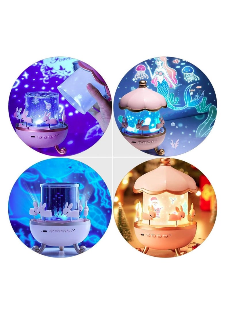 eBasket Bunny Carousel Night Light Projector, 6 Set Films Rotating LED Lamp, 360°Rotation, Star Projection Light for A Magical Nursery Atmosphere, Rotatable Rabbit Night Lamp for Kids Room Decor (Bunny Night Light) - Image 1