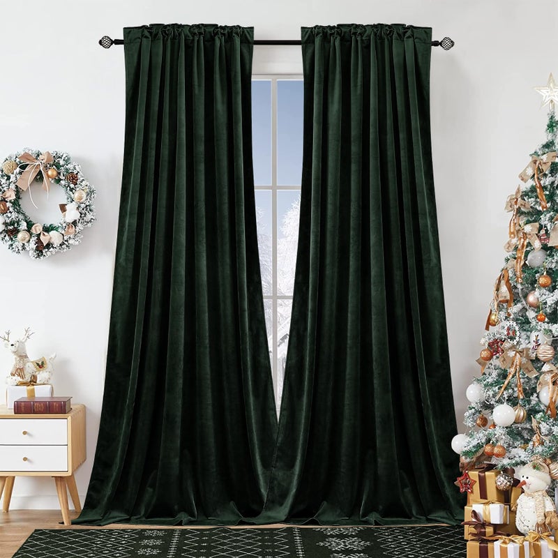 Dchola Dark Green Velvet Curtains for Bedroom Window Super Soft Vintage Luxury Heavy Drapes Room Darkening Rod Pocket Curtain for Living Room W52 by L84 inches 2 Panels