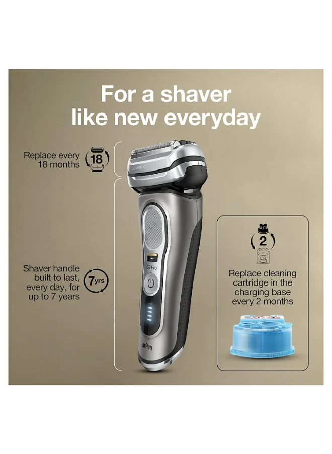 براون ماكينة حلاقة Series 9 Pro Wet & Dry مع مركز عناية ذكي 5 في 1 وحقيبة سفر بلون معدني نبيل 9465cc