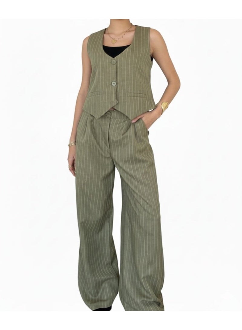 Women’s Olive Green Striped Vest and Wide-Leg Pants Set - Image 1