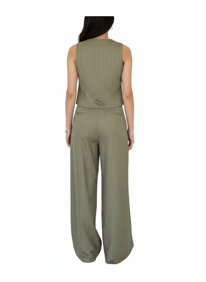 Women’s Olive Green Striped Vest and Wide-Leg Pants Set - Image 3