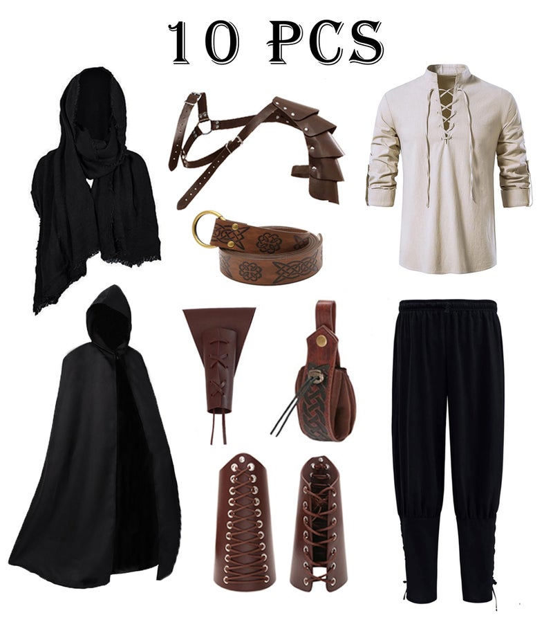 Akokvlar 10 Pcs Men Renaissance Costume Medieval Pirate Shirt Ankle Banded Pants Viking Outfit Set (Large, Black) - Image 2
