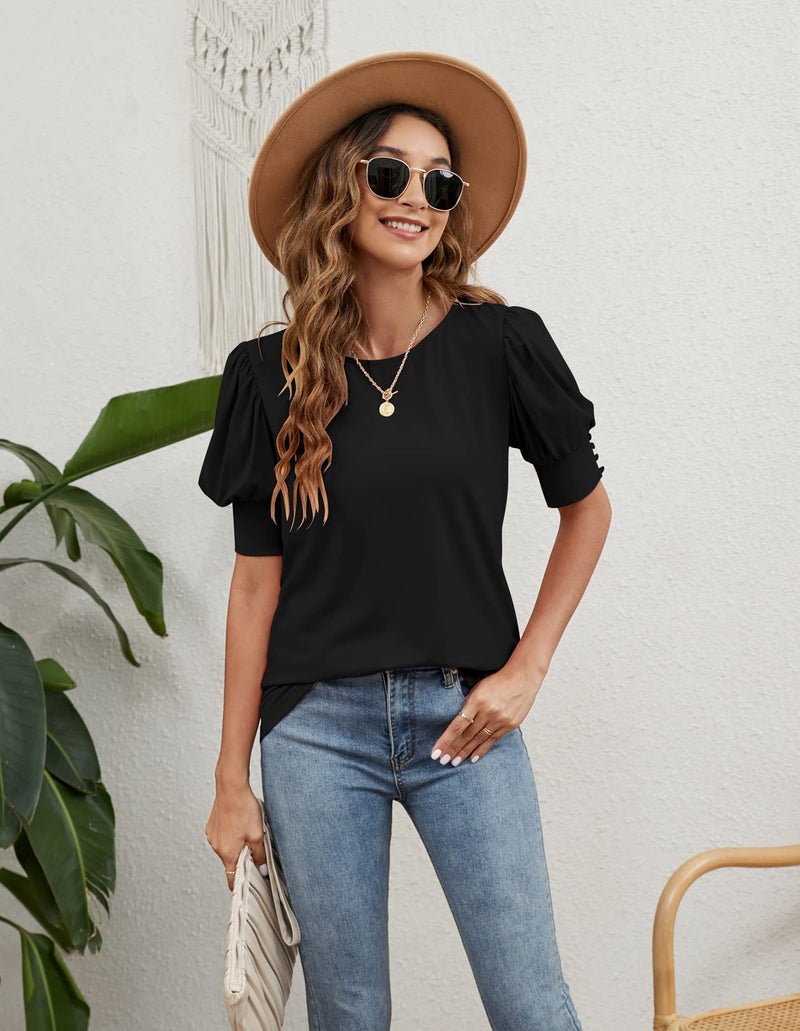SimpleFun Puff Sleeve Shirts for Women Trendy Loose Fit Crewneck Summer Dressy Casual Tops (Black,XL) - Image 4