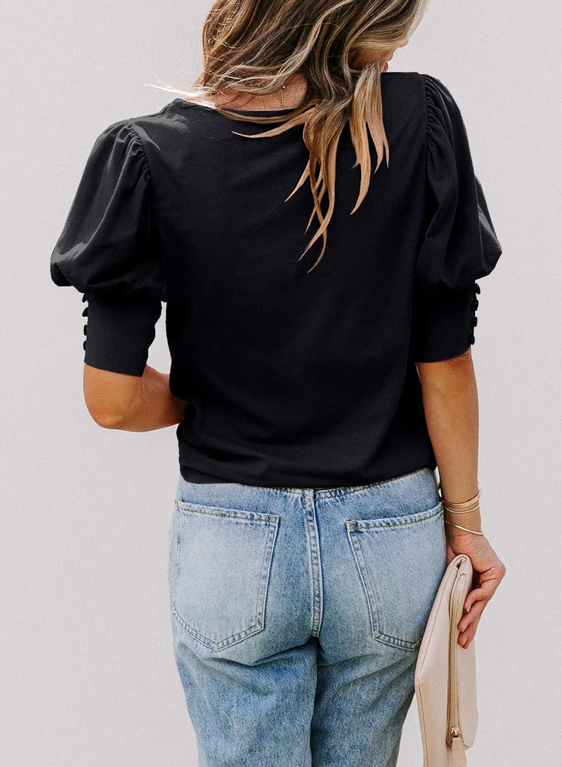 SimpleFun Puff Sleeve Shirts for Women Trendy Loose Fit Crewneck Summer Dressy Casual Tops (Black,XL) - Image 3