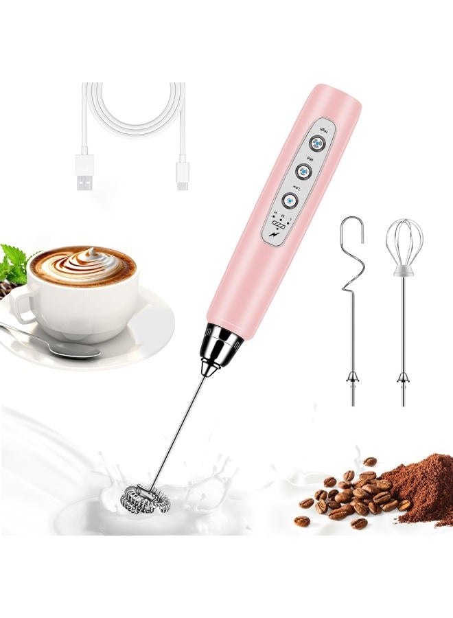 BSRGMS Milk Frother Handheld for Coffee, Electric Whisk 3 Speed Adjustable, Drink Mixer with Stainless 3 Whisks, Rechargeable Hand Frother Wand, Foam Maker for Latte Cappuccino Hot Chocolate Egg Pink - Image 1