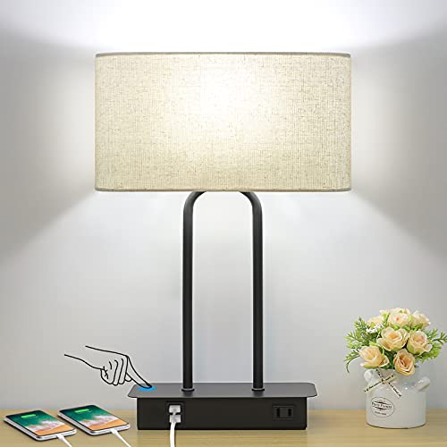 Lakumu Bedside Touch Control Table Lamp with Dual USB Charging Ports 1 AC Outlet, 3 Way Dimmable Modern Nightstand Lamp with Cream Fabric Shade, Desk Lamp for Bedroom Living Room Office with 5000K LED Bulb - Image 1