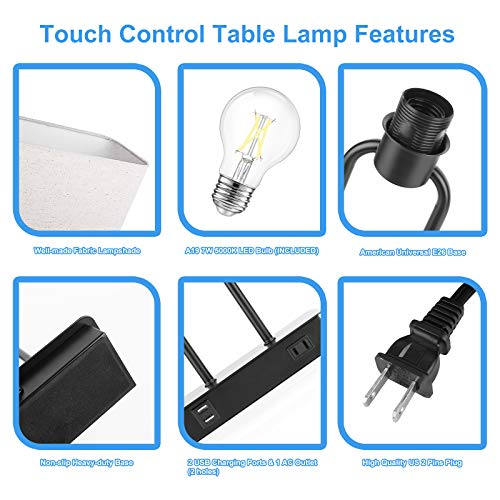 Lakumu Bedside Touch Control Table Lamp with Dual USB Charging Ports 1 AC Outlet, 3 Way Dimmable Modern Nightstand Lamp with Cream Fabric Shade, Desk Lamp for Bedroom Living Room Office with 5000K LED Bulb - Image 5