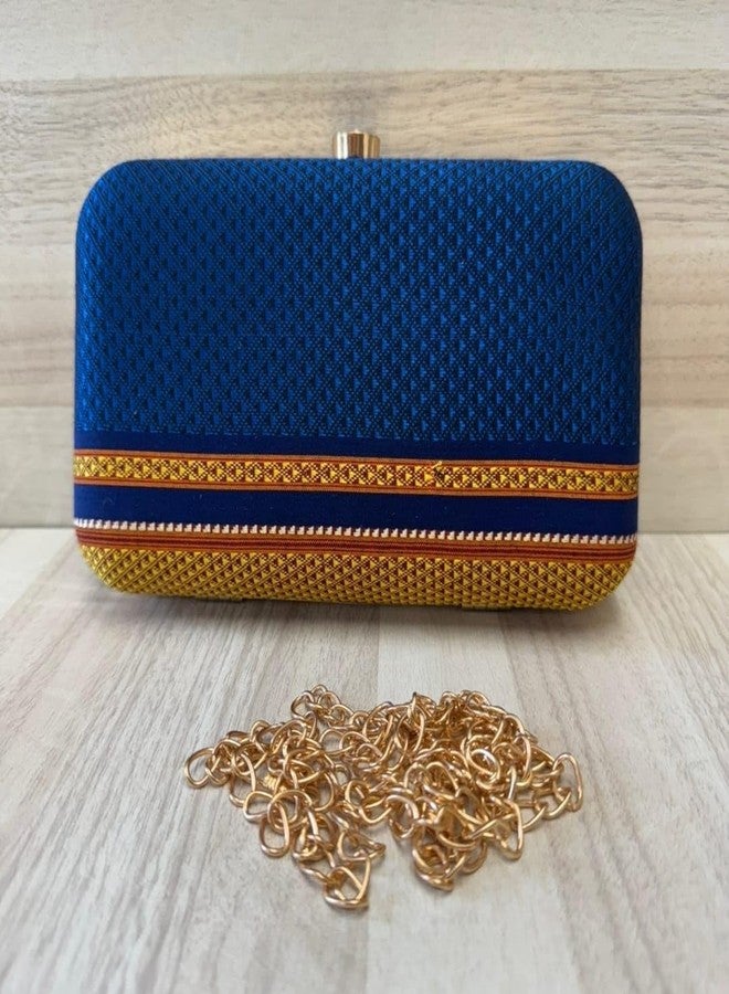 Firstdemand paithani clutch Purse with Chain Sling - Ethnic & Traditional Woven from Semi Paithani Silk Box Clutch (Navy Blue Clutch) - Image 2