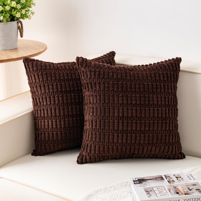 PACK OF 2 CORDUROY DECORATIVE THROW PILLOW COVERS 18X18 INCHSOFT BOHO STRIPED PILLOW COVERS MODERN FARMHOUSE HOME DECOR FOR SOFA LIVING ROOM COUCH BEDDARK BROWN